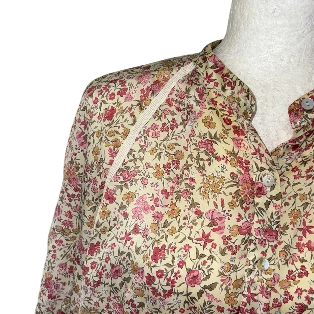 Zara Cream Pink Floral Print Satin 3/4 Puff Sleeve Lace Button Down Blouse - S